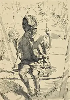 Historical Garden Scene Drucke: Boy playing on a swing