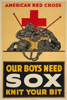 Drucke von Unsere Jungen brauchen Socken, nähle dein Stück. Datum 1918? Propaganda-Plakate Drucke: Unsere Jungen brauchen Socken, nähle deinen Teil