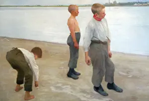 Drucke von Karl Ferenczy (* 1862; † 1917). Jungen werfen Steine in den Fluss. 1890, Ungarische Nationalgalerie, Budapest, Ungarn Zeitgenössische Kunst Drucke: Jungen werfen Steine in den Fluss von Karoly Ferenczy