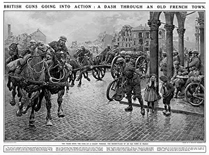 Drucke von Ein britischer Geschützstück wird auf Galopp durch den Marktplatz eines französischen Dorfes geritten, der Platz umgeben von Schalen beschädigten Gebäuden Fortunino Matania Drucke: Britische Kanonen durchqueren die französische Stadt