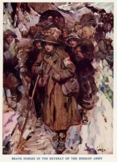 Drucke von Die Serben zurückrücken vor der österreichischen Angriffskraft; britische Pflegeschwestern ziehen mit dem serbischen Heer ab. Datum: 1915 Österreich Drucke: Britische Krankenschwestern verstecken sich mit der serbischen Armee