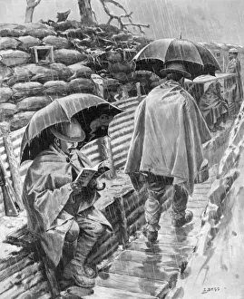 British Soldiers In Trenches Drucke: British troops sheltering under umbrellas