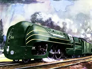 Drucke von Eindrucksvolle grüne stromlinienförmige Atlantik-Typ-Lokomotive auf dem Brüssel-Lüttich-Express, Belgien. Datum: späte 1930er Jahre Eisenbahn Drucke: Brüssel-Lüttich-Express