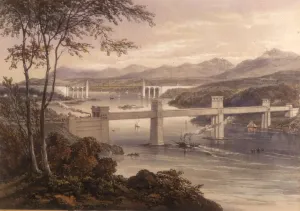 Drucke von Die beiden Menai-Bridge – der Hängelastenbrücke von Telford erbaute Straßenbrücken wurden im Januar 1826 eingeweiht; und die Röhrenradschienen-Brücke von Stephenson und Fairbairn Anglesey Drucke: Die beiden Menai-Bridge