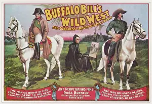 Drucke von Buffalo Bills Wild West Show - Bills wilde Ritt mit Szenen von Napoleond und einem auf der Bühne tätigen Künstlerinnen Rosabonheur Rosa Bonheur Drucke: Bills aus Buffalo zeigen