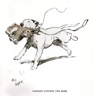 Historical Dog Images Drucke: Bull terrier with hare