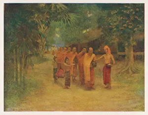 Drucke von Ein Klostergruppe durchquert ein burmesischer Dorf und bittet um Nahrung. Zwei kleine Kinder tragen diese für sie mit sich Myanmar Drucke: Burmesische Mönche beten um Brot