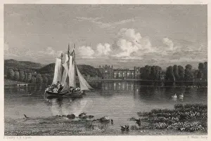 Drucke von NEUSTEAD ABBEY Nottinghamshire Wohnstätte von Byrons Aristokrat und Romantiker mit einem Besuchergespann am See Newstead Drucke: Byrons / Neustaedter Abbei