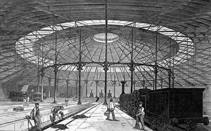 Drucke von Ein bemerkenswert Beispiel der Eisenbahnarchitektur ist das Rundhaus – die Maschinenhalle des Nordwestlichen Bahnhofs in Camdentown Depot. Heute ist es ein Theater, Datum: 1847 Camden Drucke: Kamden Rundhaus