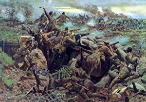 Drucke von Die Kanadier bei Ypres 1915 - Diese Darstellung zeigt die Princess Patricias Canadian Light Infantry auf der Bellewaerde-Höhe am 8. Mai 1915. Zu diesem Zeitpunkt gehörte das Regiment zur 80 Erster Weltkrieg Drucke: Die Kanadier in Ypres – William Barnes Wollen