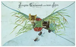 German Christmas Scene Drucke: Card; Kittens