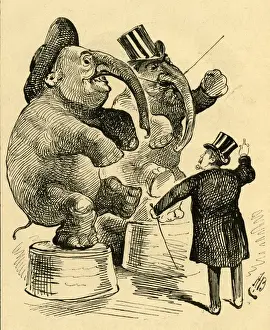 Victorian Era Animal Illustrations Drucke: Cartoon, ringmaster and performing elephants