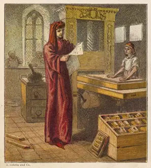 Drucke von Wiliam Katsun liest eine Prüfseiten aus seinem Druckpressen William Caxton Drucke: Karton und Druckamt