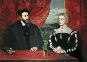 Drucke von RUBENS, Peter Paul (1577-1640). Kaiser Karl V und die Königin Isabella 1628 Kopie des Originalporträts von Titian im Feuer der Alhambra in Madrid 1734 Sammlung Casa de Alba. Renaissance Kunst Tizian Drucke: Charles V