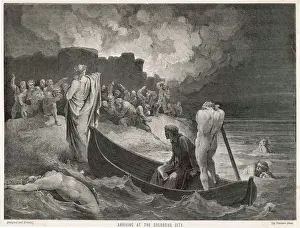 Drucke von Charon bringt Dante und Virgil über den Stix hinweg, der Fluss, der dieses Weltgehen von unserer Welt voneinander trennt Fluss-Kunstwerke Drucke: Charon, Stix und Dante sind mit dem Dichter Virgil auf der Flucht vor Lucifer in den Unterwelt gebracht