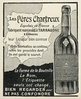Drucke von Obwohl von der französischen Republikregierung verstoßen worden war, produzieren die Kartäusermönche im spanischen Tarragona weiterhin ihre weltberühmte Chartreuliqueur Spanien Drucke: Klosterblume Anzeige 1906