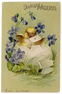 Happy Easter Greeting Card Drucke: Chick hatching from an egg with a letter in its beak