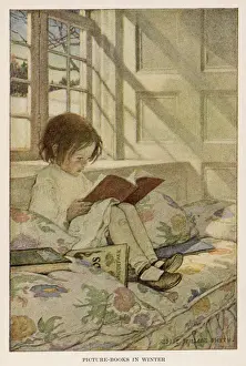 Drucke von Bilderbücher im Winter: Sommer verblassen, winter kommt; Frostige Morgen, kribbelnde Finger, Fensterrobinen, Winterkrähen und die Bilderbuchgeschichten Turm Drucke: Kind liest am Fenster.