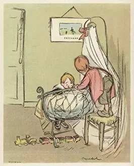Drucke von Zwei Kinder bewundern den neuen Babys: Mami fand ihn in einem Osterei Kinderzimmer Drucke: Zwei Kinder bewundern den neuen Baby.