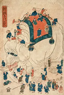 Vintage Elephant Illustrations Drucke: Children exploring an elephant