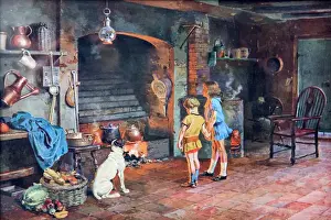 Home Interior Design Inspiration Drucke: Children by a kitchen hearth