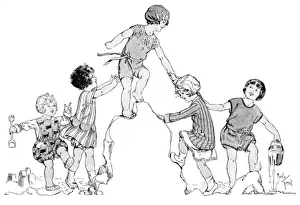 Vintage Beach Fashion Drucke: Children playing at the beach