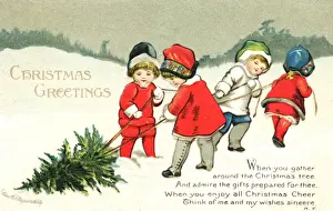 Christmas Tree In Snow Drucke: Children pulling Christmas tree through the snow