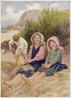 Children Playing On Beach Drucke: Three Children on Sand