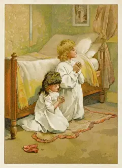 Childhood Innocence Images Drucke: Two children saying their prayers before bed