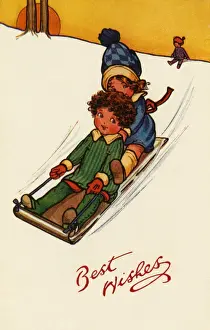 Historical Child Photography Drucke: Children on a sled