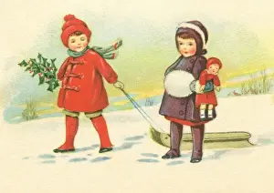 Snowy Winter Landscape Photo Drucke: Children out in the snow with a sledge