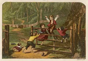 Happy Children At Play Drucke: Children Swing on Gate
