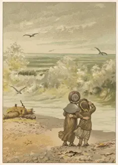 Historical Beach Scenes Drucke: Children Watching Waves
