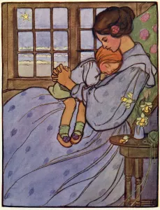 Drucke von Eine kleine Mädchen, das auf der Muttermütze schläft, circa 1890 Schlafzimmer Drucke: Eine kleine Mädchen schläft auf Muttertränen in ihren Armen