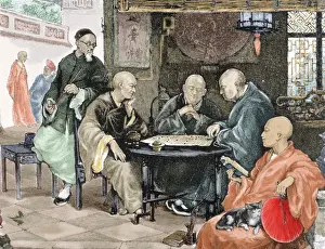 Colored Engraving History Drucke: China. Men playing draughts in a tavern