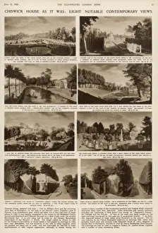 Drucke von Chiswick House wie es war: acht bemerkenswerte zeitgenössische Ansichten. Eine Seite aus dem Illustrierten Londoner Nachrichten mit Kupferstichen von Chiswick House und Gärten nach dem 18 Zeitgenössische Kunst Drucke: Das Chiswick House wie es war