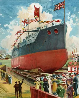 Ship Launching Ceremony Drucke: Christening a Ship before she is launched