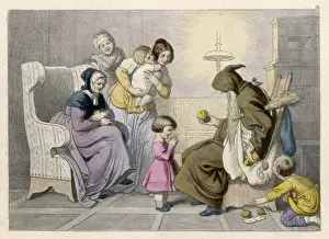 Drucke von Vater kleidet sich als Pelz-Nickel (= weicher Nikolaus, d.h. Weihnachtsmann) um die Kinder zu beschenken Rentier Drucke: Weihnachten Deutschland