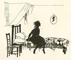 Drucke von Ella wird als Cinderella bekannt, sitzt auf ihrem Bett im schumrigem Dachbodenzimmer. Datum: 1919 Arthur Rackham Drucke: Cinderella von Arthur Rackham