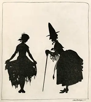 Drucke von Zwergenfräulein alias Ella zeigt ihre abgetragene Kleidung der Tochter ihrer Schwesternschar an die Fee, die sie in ein schönes Ballkleid verwandeln wird. Datum: 1919 Arthur Rackham Drucke: Cinderella von Arthur Rackham