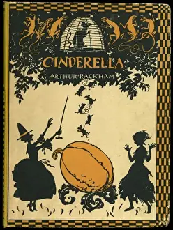 Drucke von Titelgestaltung für Cendrillon mit Illustrationen von Arthur Rackham, die Cinderella (rechts), ihre Fee (links) und den Kürbis im Mittelpunkt zeigt, der sich in einen Wagen verwandelt Arthur Rackham Drucke: Cinderella von Arthur Rackham