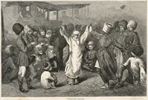 Drucke von Ein Kaukasus-Paar tanzt eine traditionelle Tanzform inmitten eines Kreises von ernsthaften Zuschauern Tanz Drucke: Kaukasischen Tänzerinnen