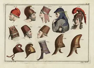 Handcolored Engravings Drucke: Classical hats and bonnets