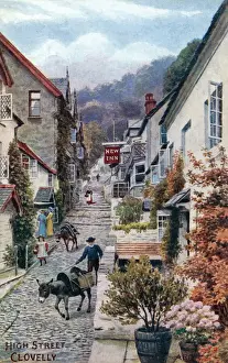 Drucke von Hohe Straße in Clovelly, Devon - Datum: 1916 Clovelly Drucke: Clovelly, Devon