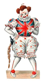 Union Jack Flag Design Drucke: Clown with bottle and sausages on a Victorian scrap