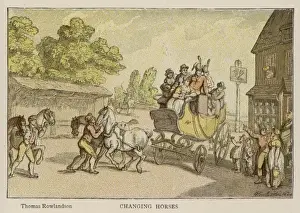 19th Century Equestrian Art Drucke: Coach Changing Horses