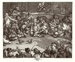 Drucke von Der Hühnerkampf Eine satirische Illustration die Blindheit des Menschen zeigt der sich in Wettkämpfen versetzt und anderen Dekadenz William Hogarth Drucke: Kopfjäger/Hogarth