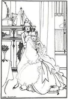 Drucke von Die Frisur von Aubrey Beardsley, eine Illustration zu seinem Gedicht The Ballad of a Barber, das erstmals in The Savoy, Band III im Juli 1896 veröffentlicht wurde Aubrey Beardsley Drucke: Die Frisur von Aubrey Beardsley