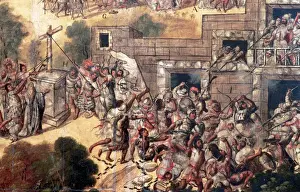 Drucke von Eroberung Mexikos 1519 . Detail der Versuchung, den Kreis vor die Idole zu ziehen und Steinenwerfen und Pfeilschüsse gegen Montezuma (1466-1520). Conching durch Miguel Gonza?lez (1698). Detail Aztekenreich Drucke: Eroberung Mexikos 1519, Versuch die Kreuzigung zu zerstören