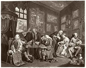 Drucke von Ehe a la Mode 1. Der Vertrag Der Earl of Squanderfield und ein reicher Alderman der Stadt London vereinbaren eine Ehe zwischen Sohn und Tochter William Hogarth Drucke: Vertrag I Hogarth 1745